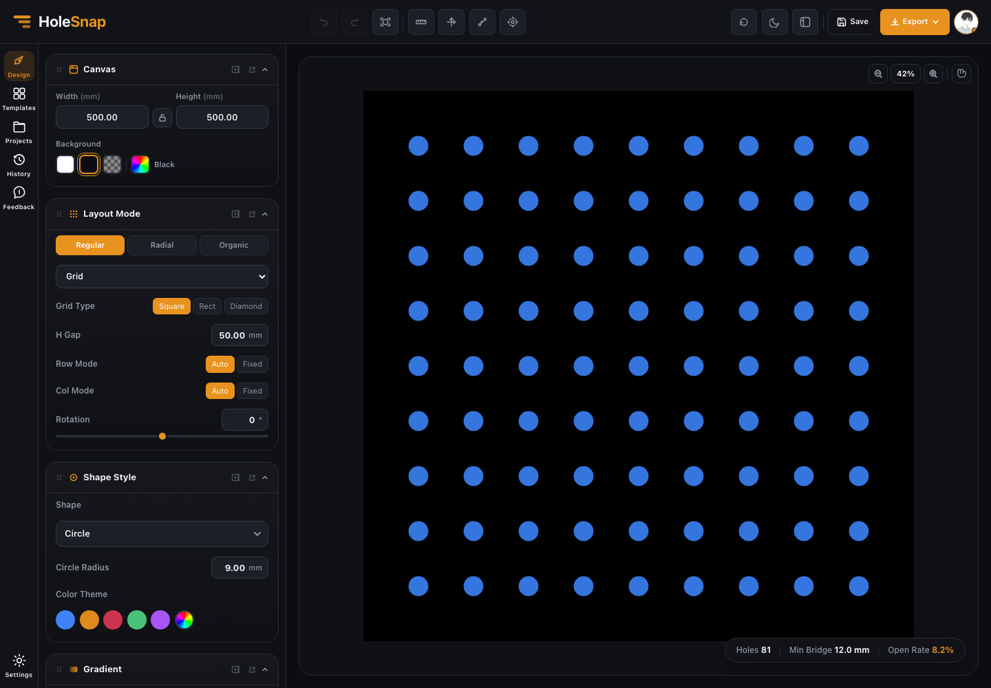 Canvas settings and layout controls for a perforated panel design