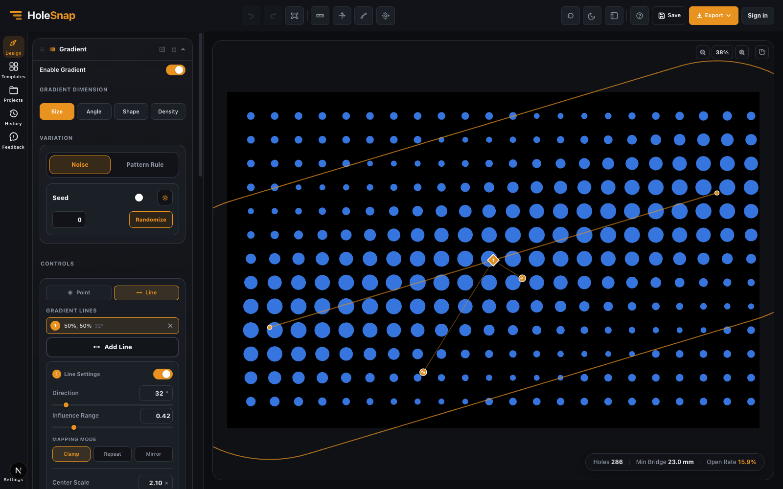 Gradient line control creating a directional size fade