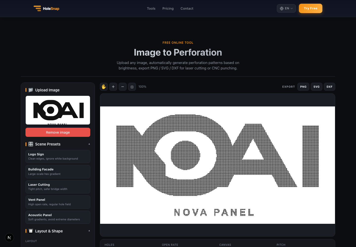 Screenshot del workflow in HoleSnap