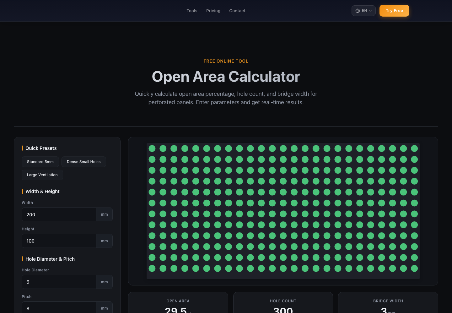 Open area calculator for perforated sheet design