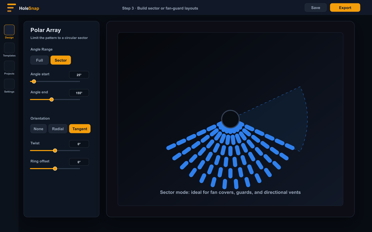Sector mode for fan guard and radial vent layouts