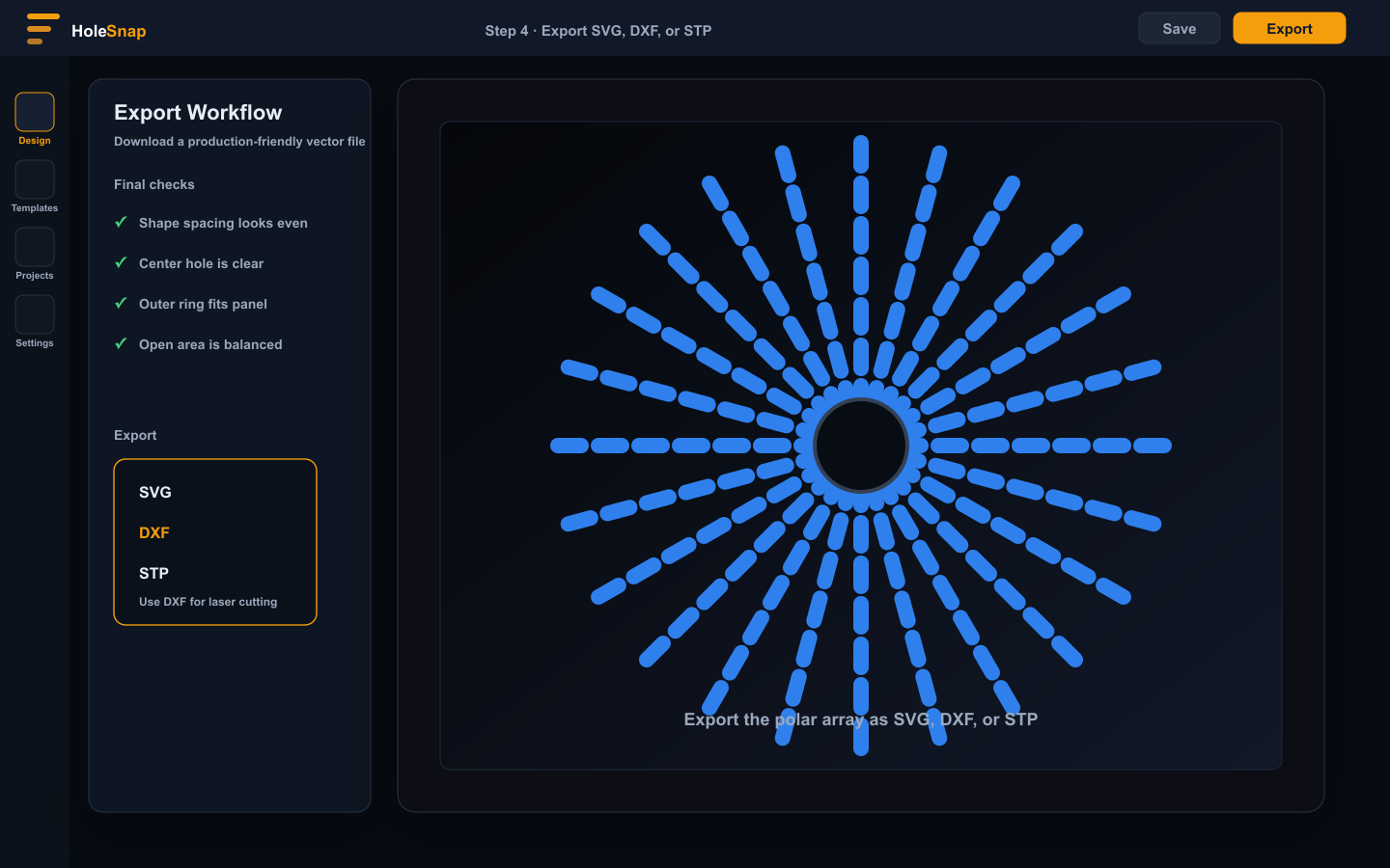 Export a Polar Array pattern as SVG, DXF, or STP