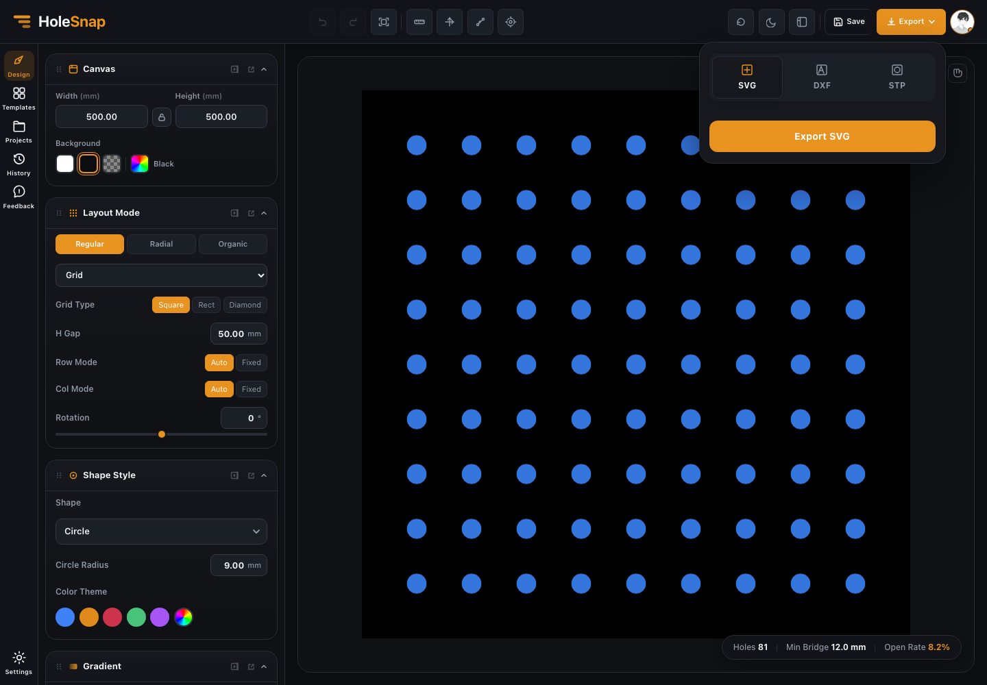 Perforated pattern export workflow for SVG and DXF
