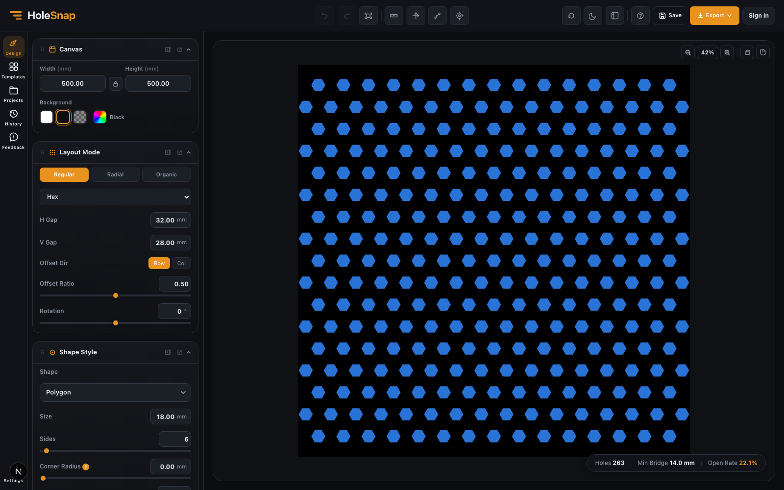 creating a perforated panel DXF online workflow screenshot
