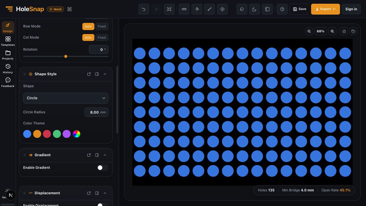 Completed circle grid with 135 holes, 45.1 percent open rate, and 4.0 mm minimum bridge