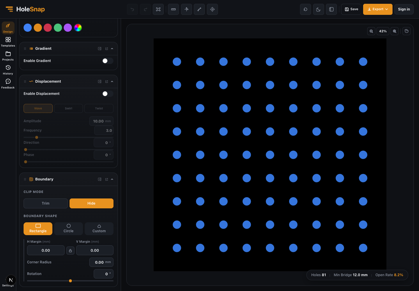 Gradient panel with dimension controls and a variable pattern preview
