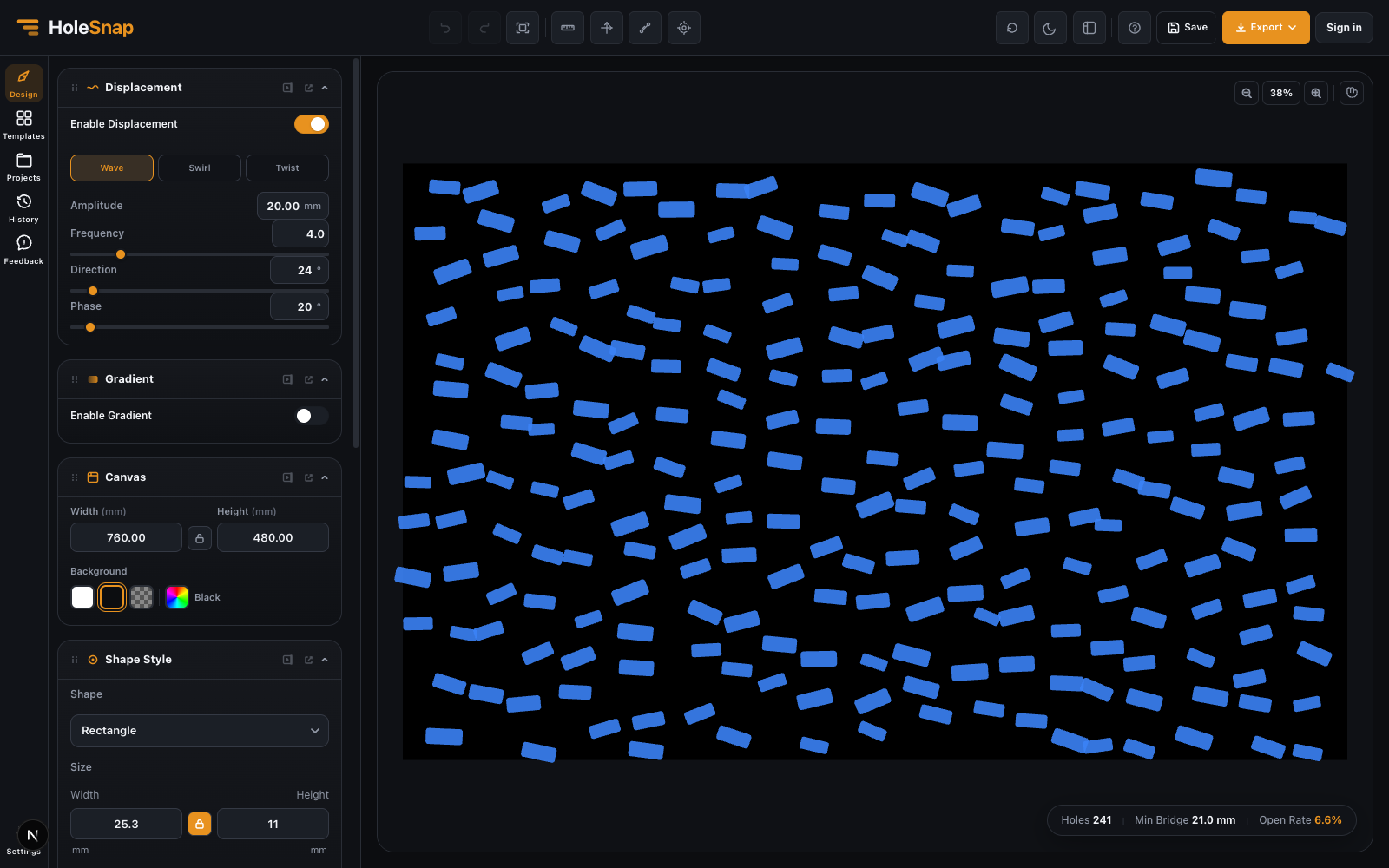 Wave displacement applied to rectangular openings in the Mesh Editor