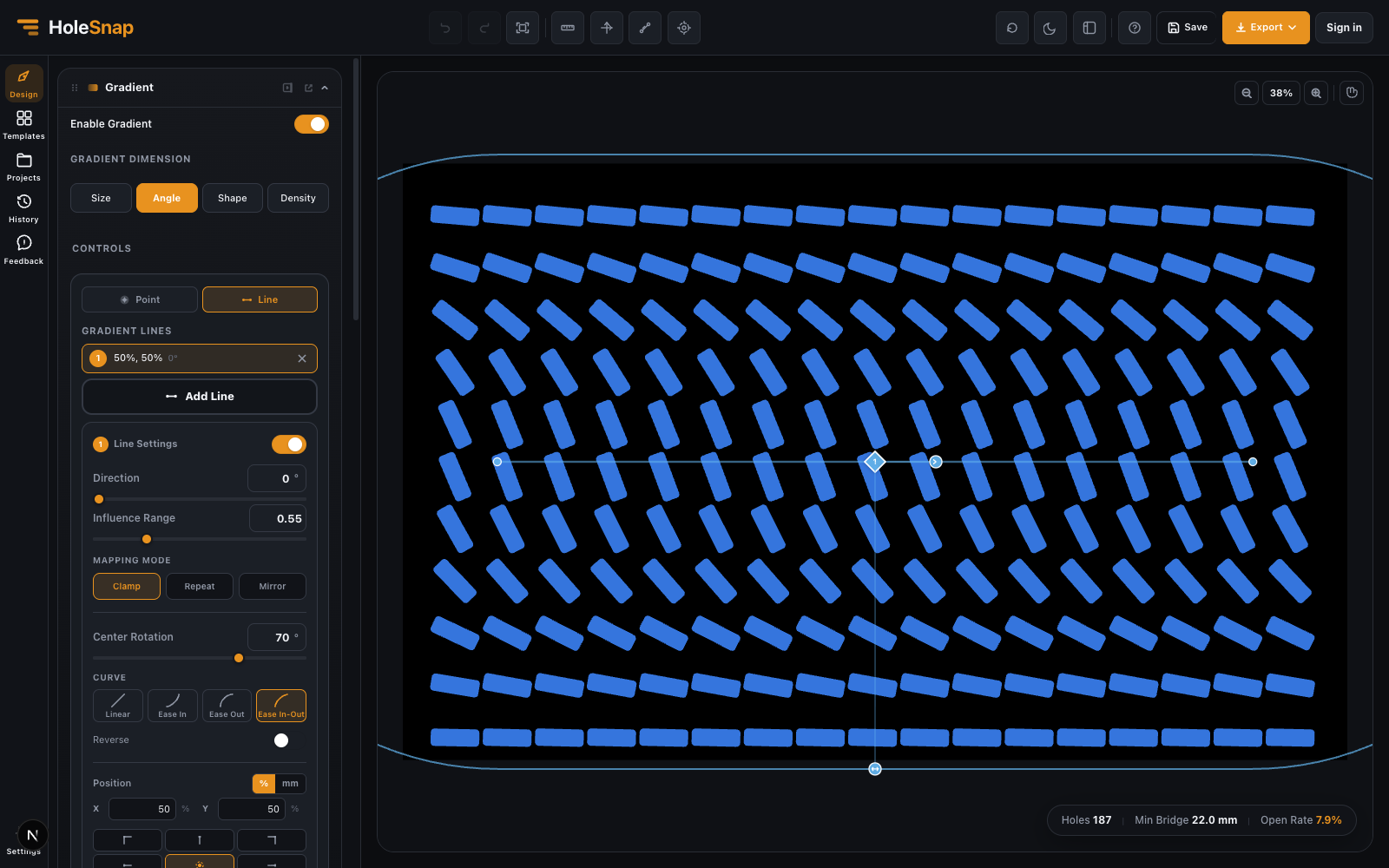 Line-based Angle gradient rotating rectangular openings across the pattern
