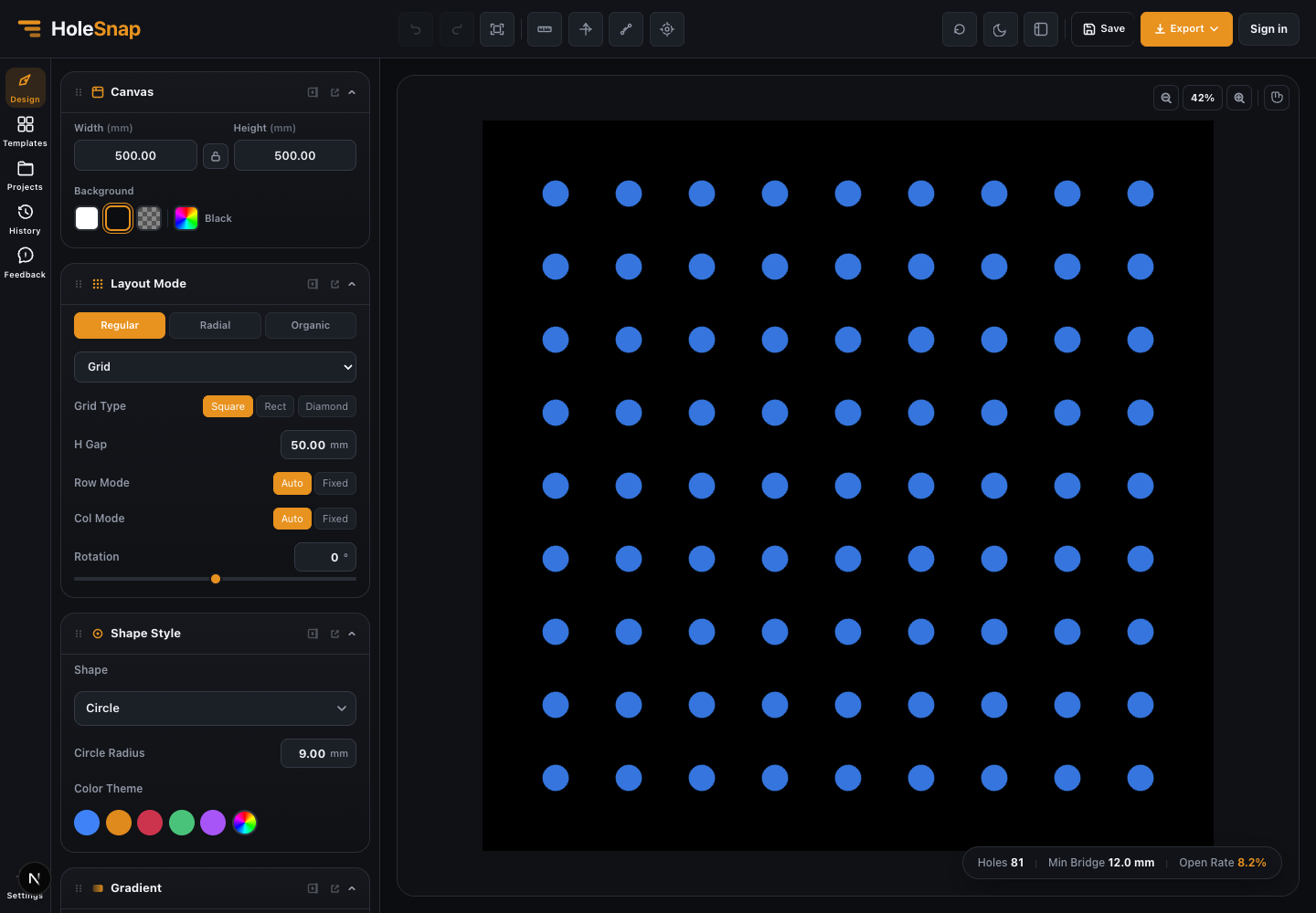 Shape Style panel showing Circle, Circle Radius, color controls, and the resulting grid