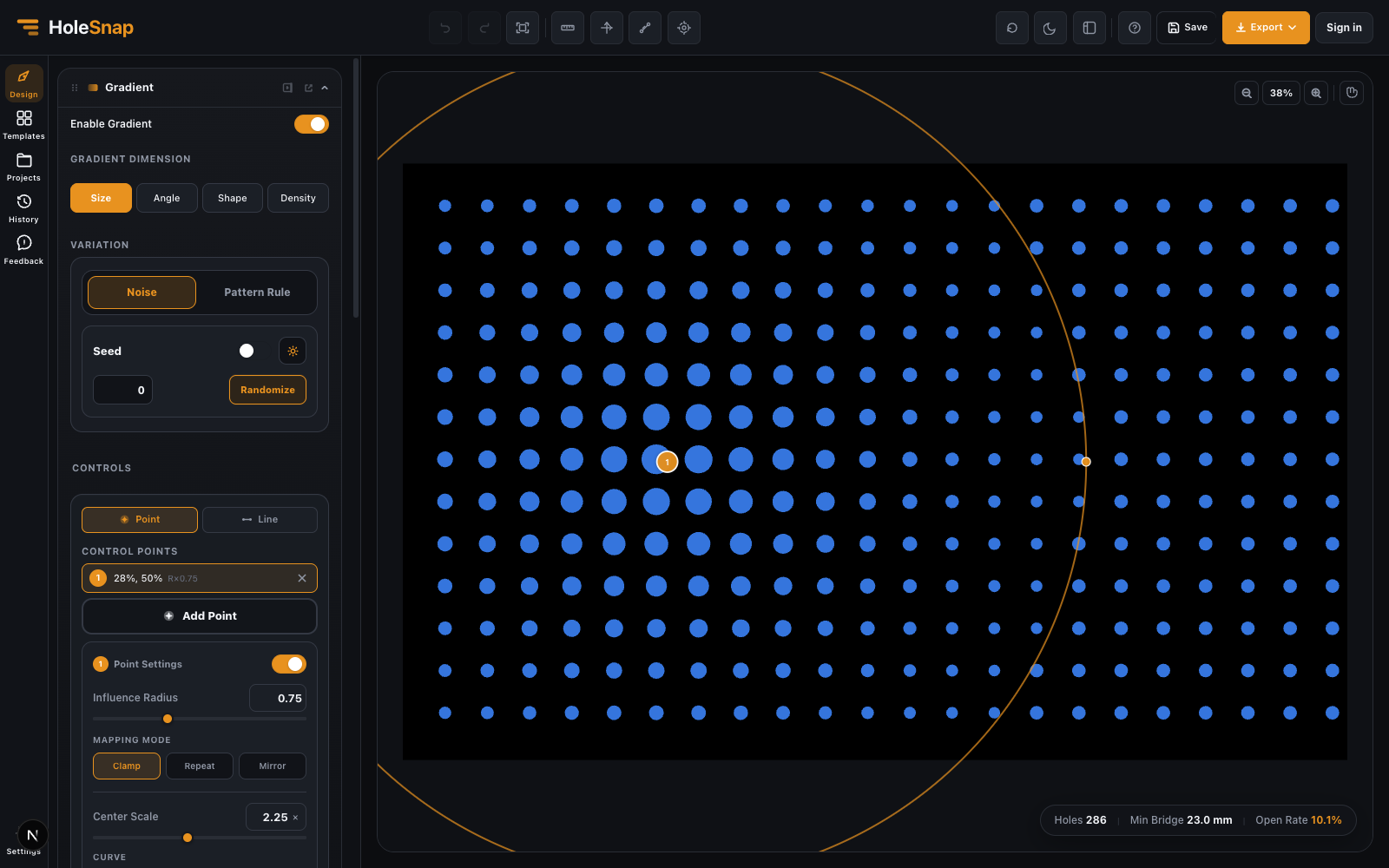 Point-based Size gradient with Clamp mapping and a visible influence radius