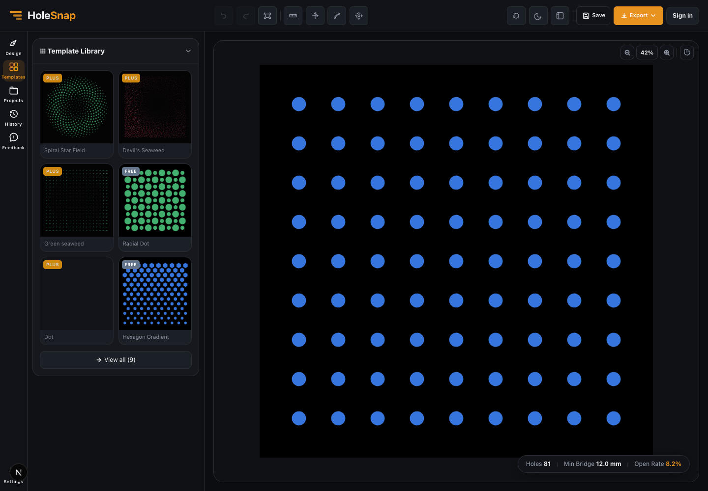 Template Library showing Free and Plus pattern previews