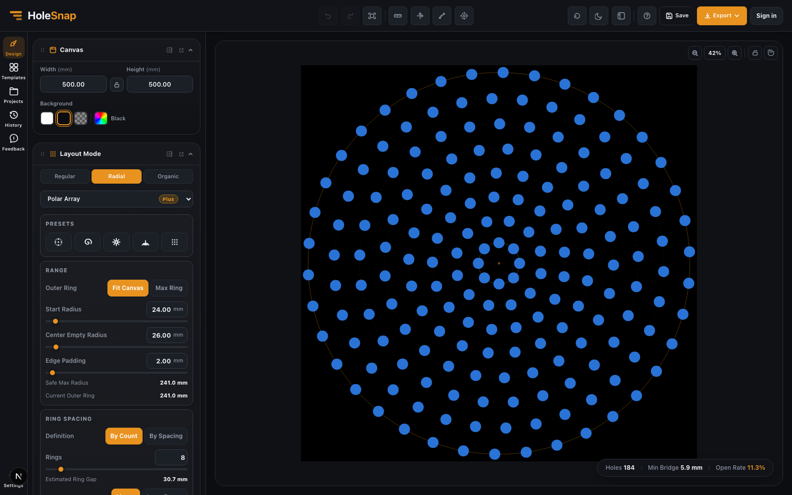 Polar Array layout with multiple rings in the Mesh Editor