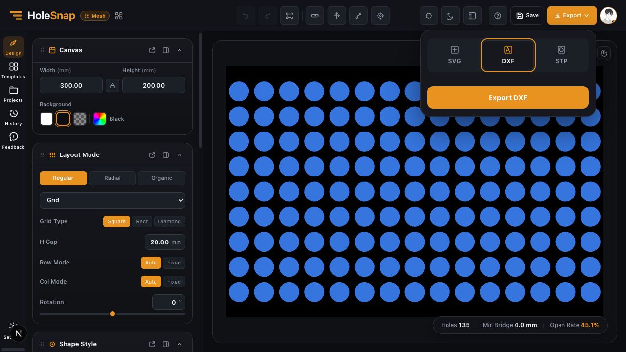 Mesh Editor export menu with DXF selected and the Export DXF button visible