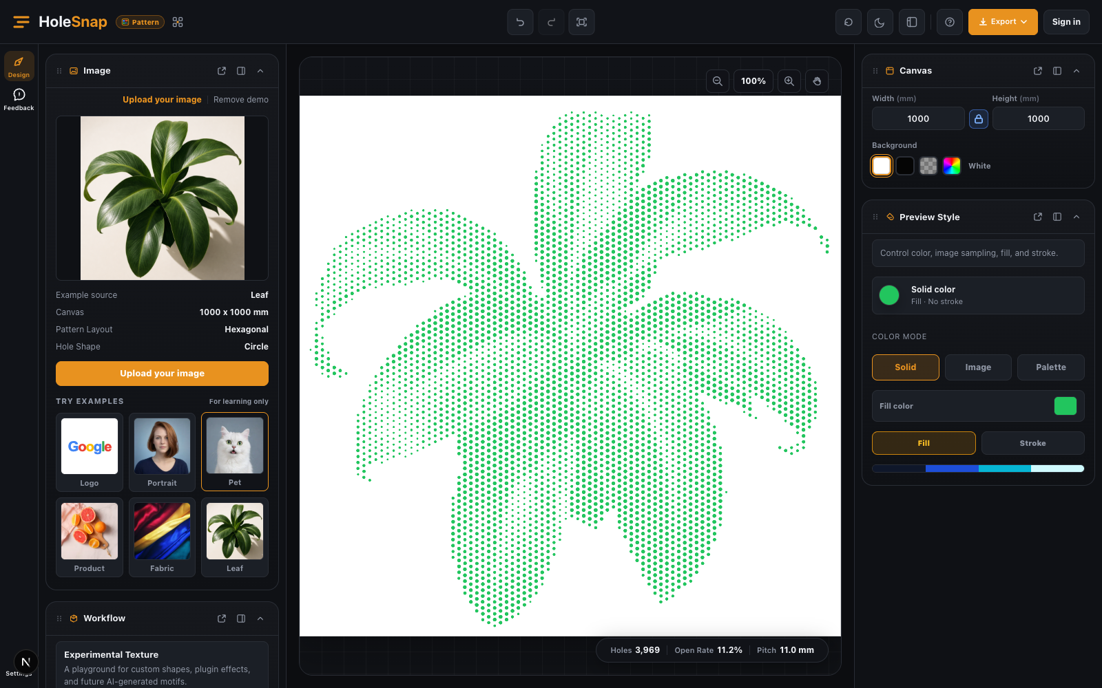 HoleSnap Pattern workspace with a Leaf example loaded