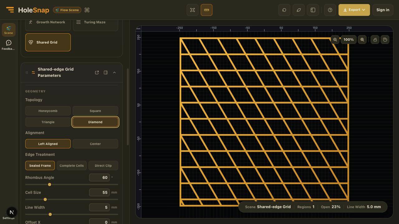 Diamond topology and Shared-edge Grid geometry controls in HoleSnap Flow Scene