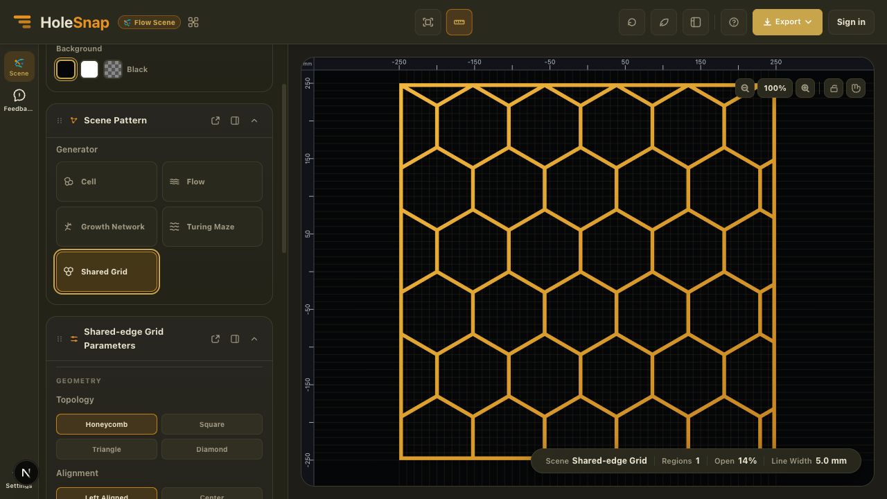 Sealed honeycomb network in the HoleSnap Flow Scene Shared-edge Grid generator
