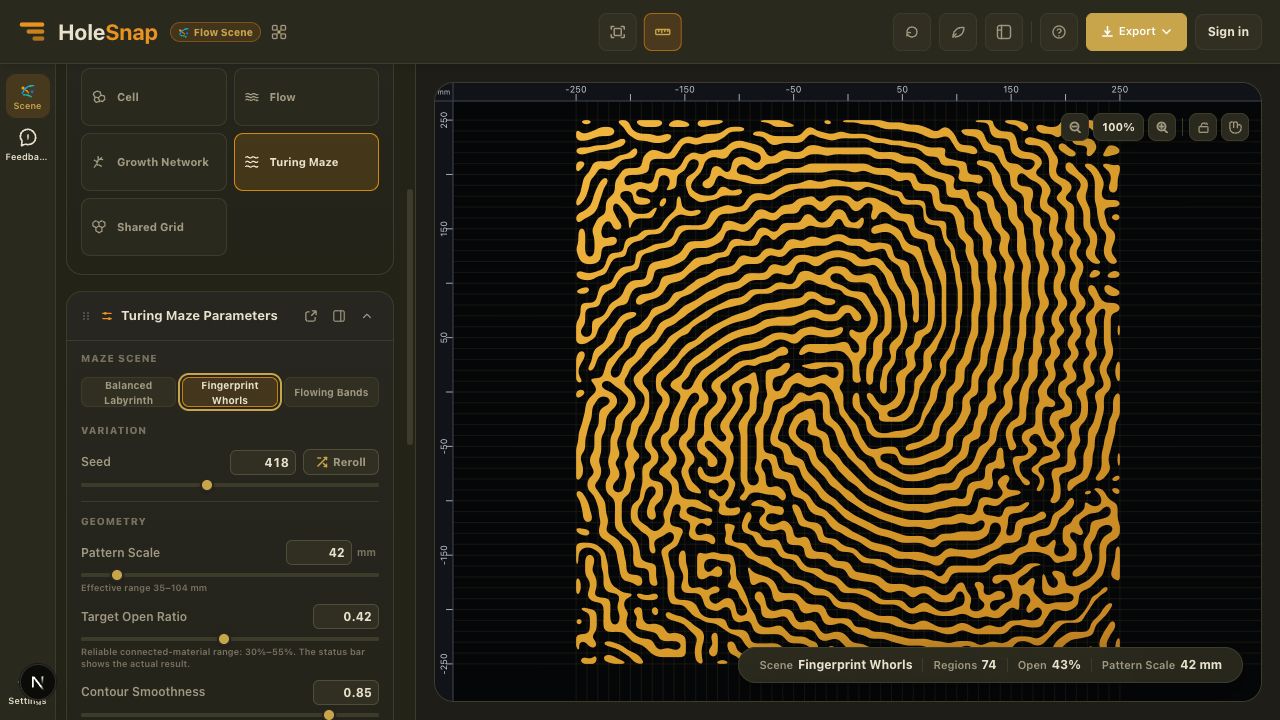 Fingerprint Whorls scene with Turing Maze controls in HoleSnap Flow Scene