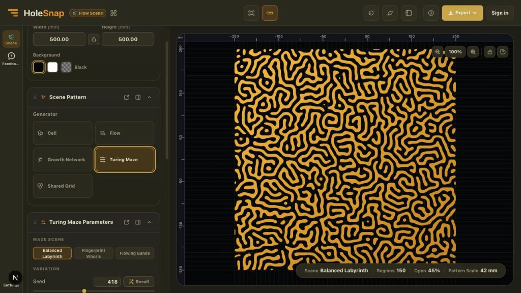 Balanced Labyrinth pattern in the HoleSnap Flow Scene Turing Maze generator