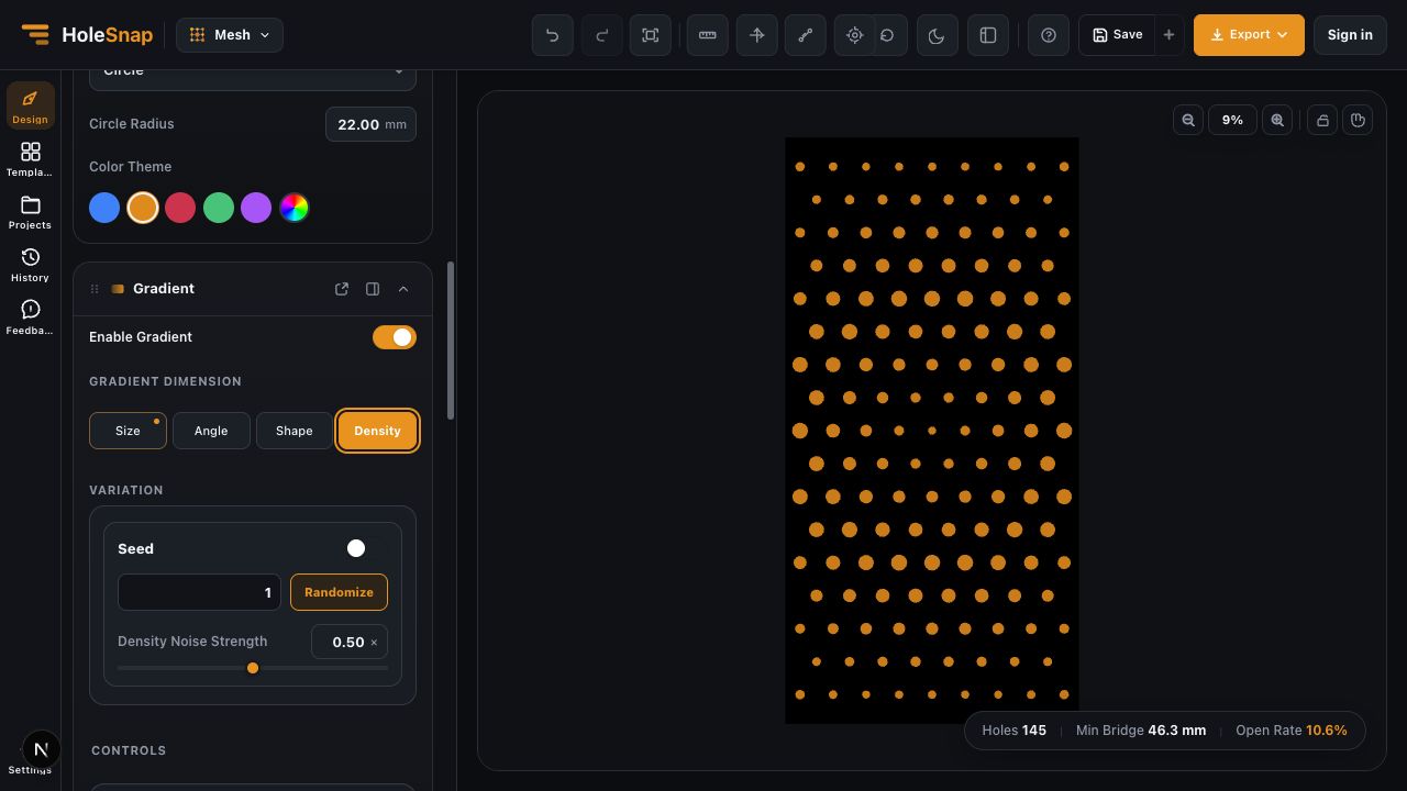 HoleSnap Mesh Density gradient controls and live pattern metrics