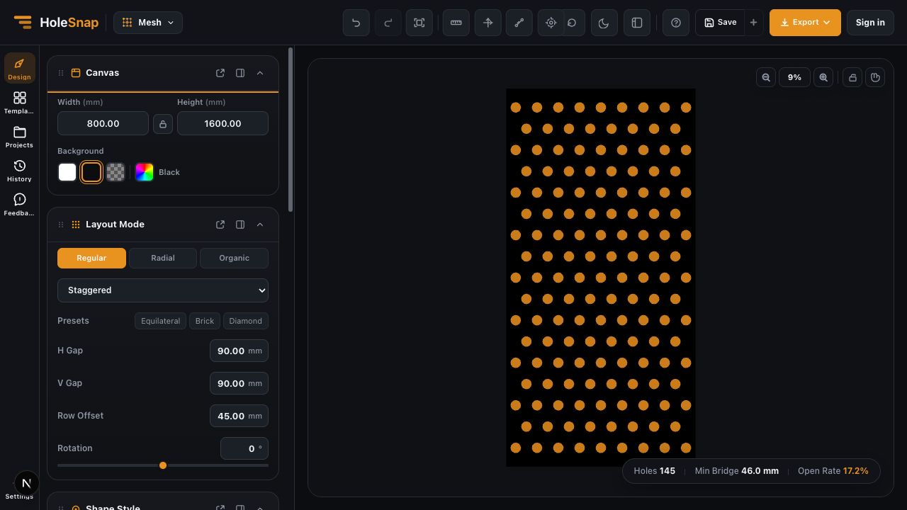 HoleSnap Mesh Canvas and Layout Mode for an aluminum facade panel