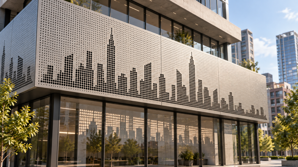 Concept visualization of a perforated city-silhouette facade