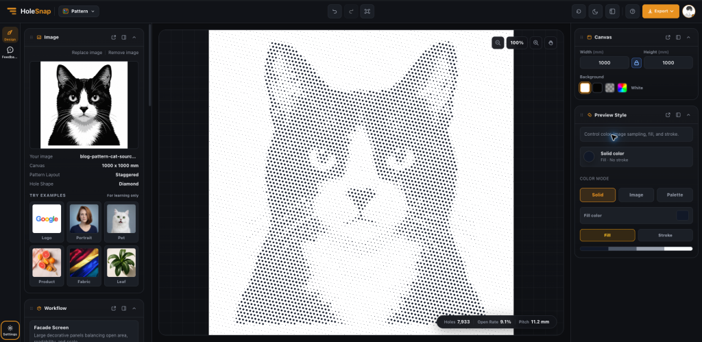 Real HoleSnap Pattern preview using a cat portrait