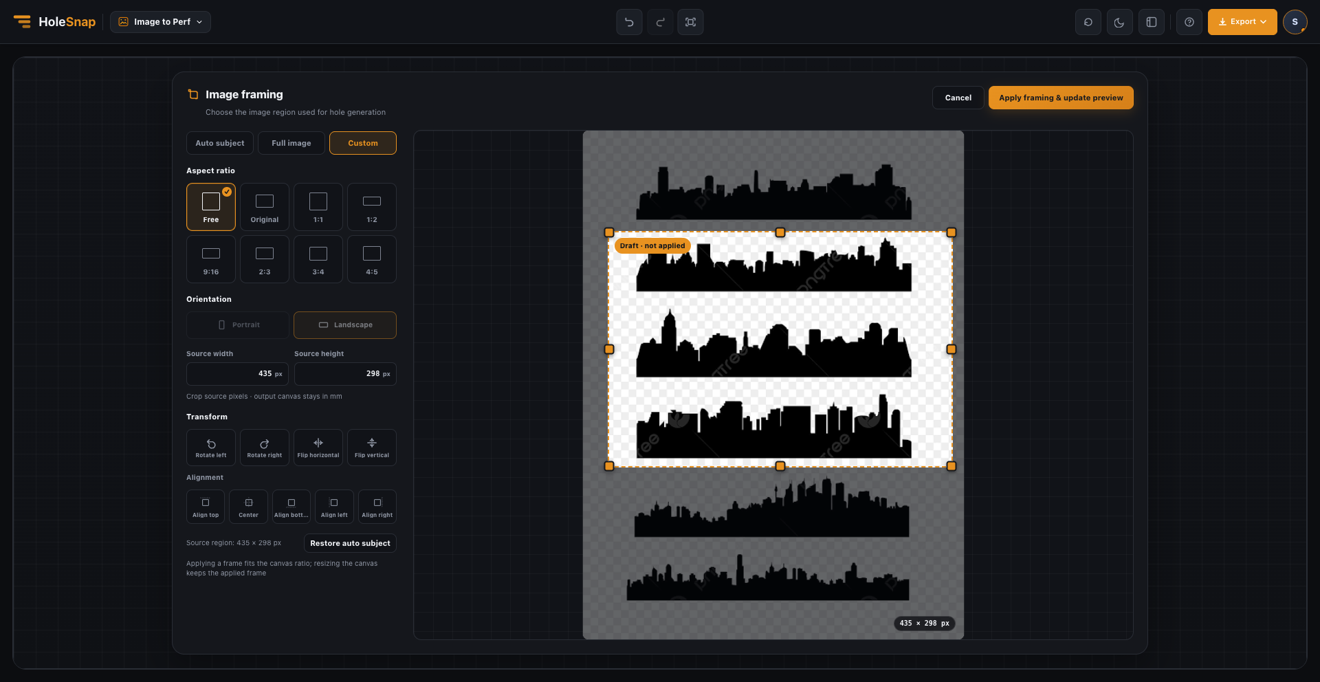 Controlli Image framing per un ritaglio personalizzato in HoleSnap Image to Perf