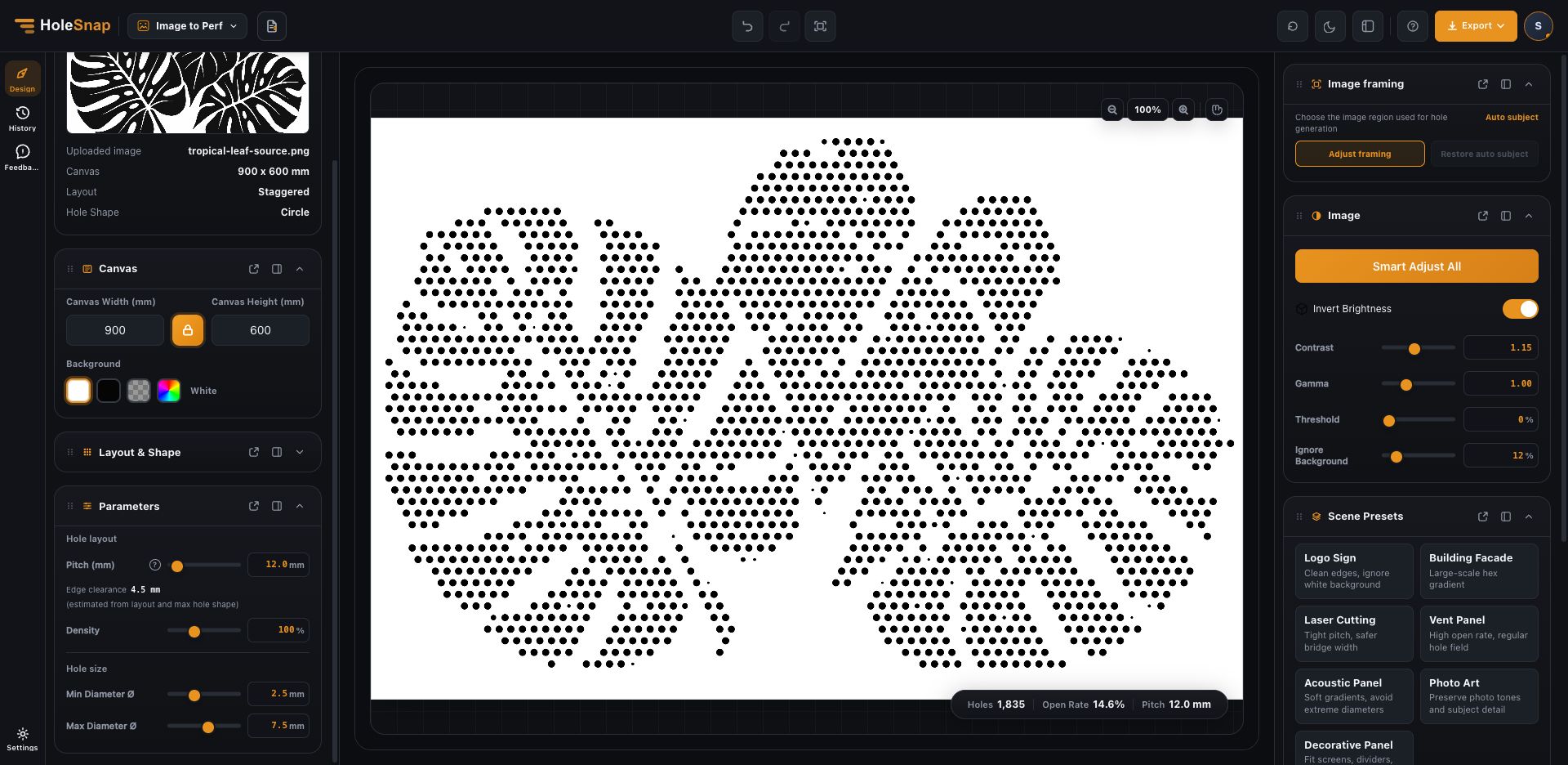 Echte HoleSnap Image to Perf-preview van het tropische paneel met instellingen