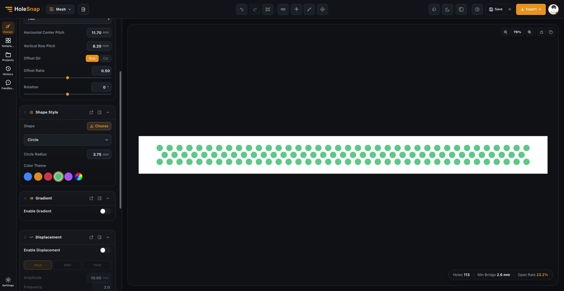 Actual HoleSnap Mesh screenshot for this study: 113 circular holes, 11.7 mm horizontal pitch, 8.2 mm row pitch, 2.6 mm minimum bridge, and 23.2% estimated open area.