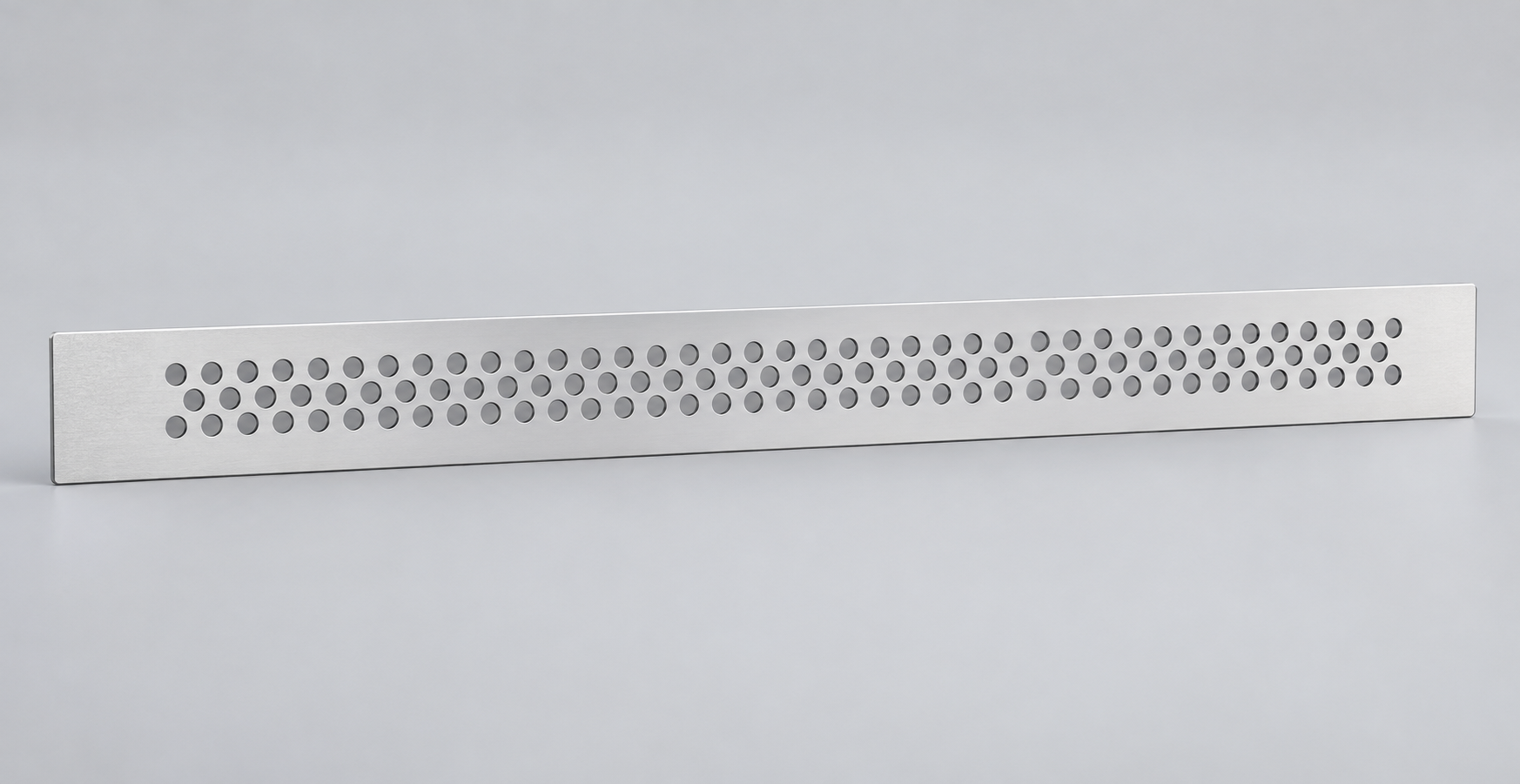 Illustrative concept rendering of a thin 1U rack vent panel with staggered circular holes; not a manufactured sample.
