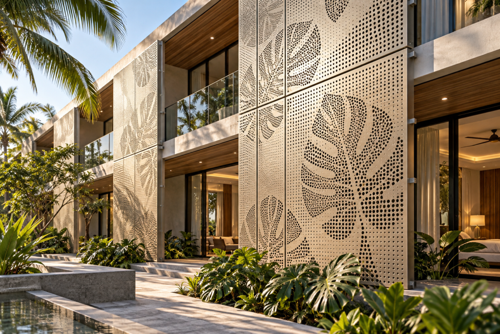 Architectural concept rendering of tropical-leaf perforated aluminum screens at a resort courtyard.